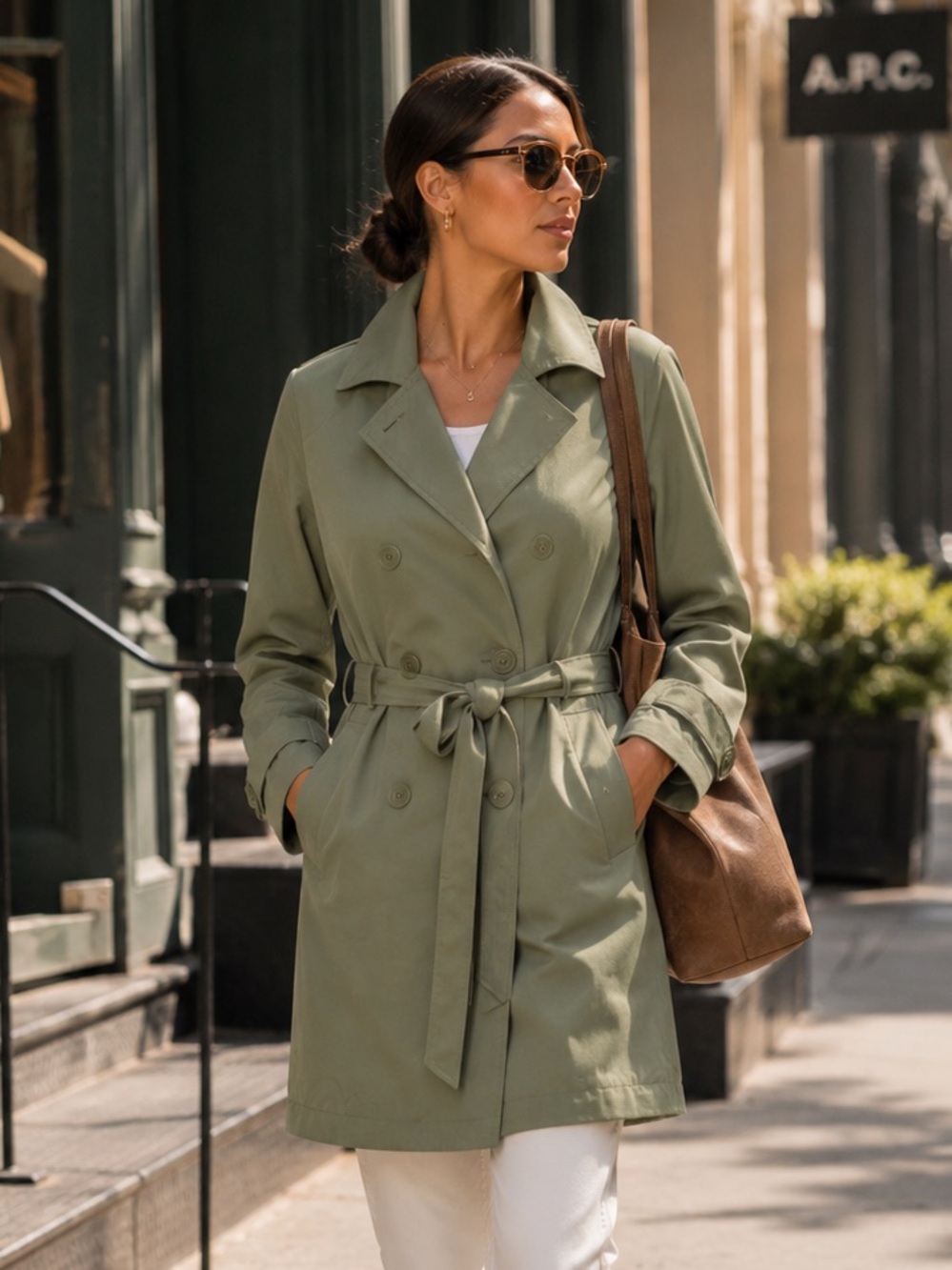 1 MADISON Quiet Luxury All-Weather Green Double Breasted Trench Coat, S